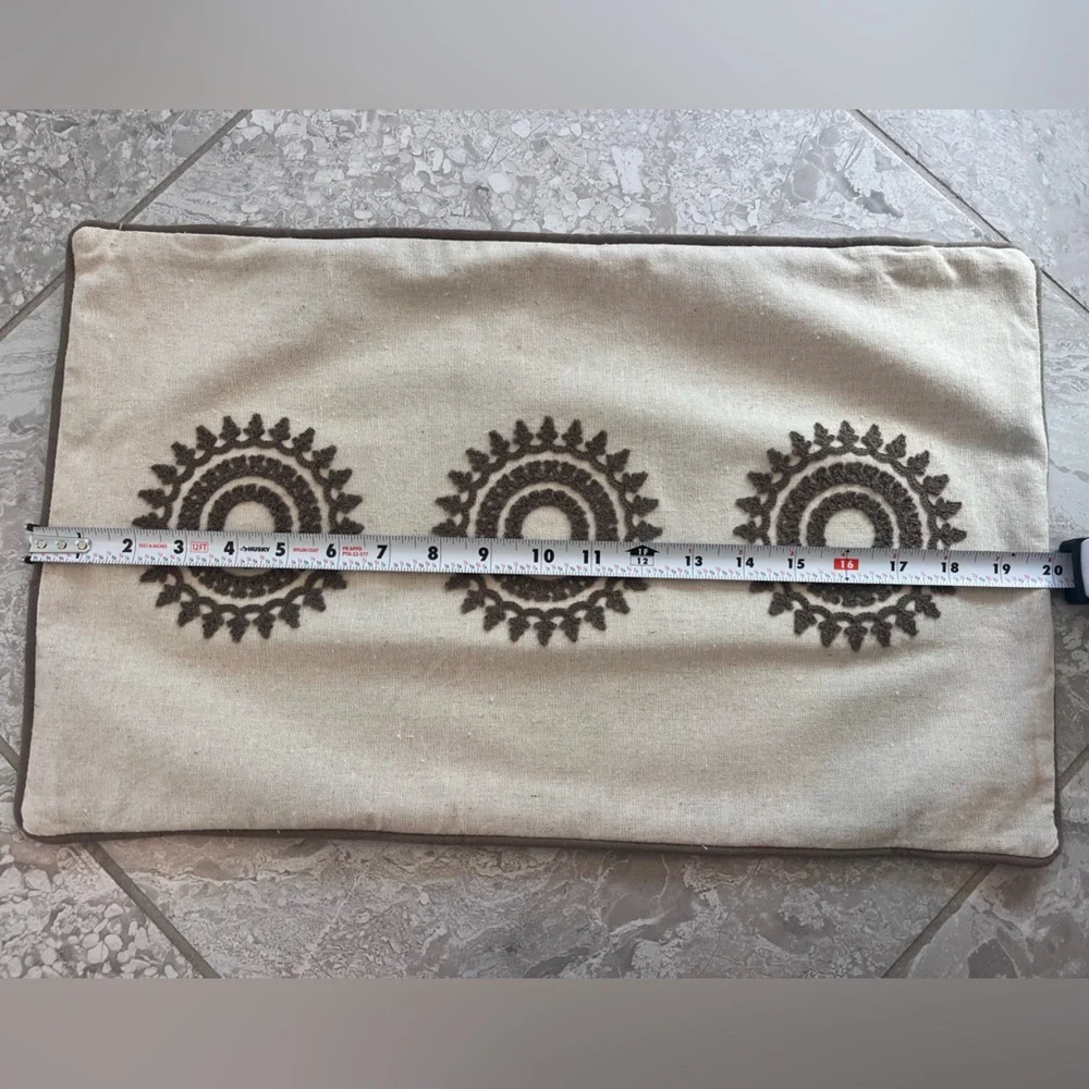 Linen Pillow Cover with Embroidered Brown Circular Patterns, 12” x 20”